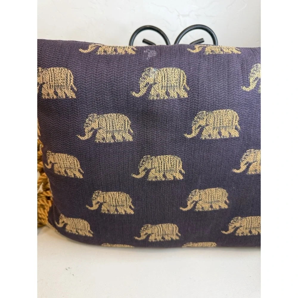 Boho Woven Brocade Elephant Throw Pillow Gold Fringe Purple Decorative Cushion